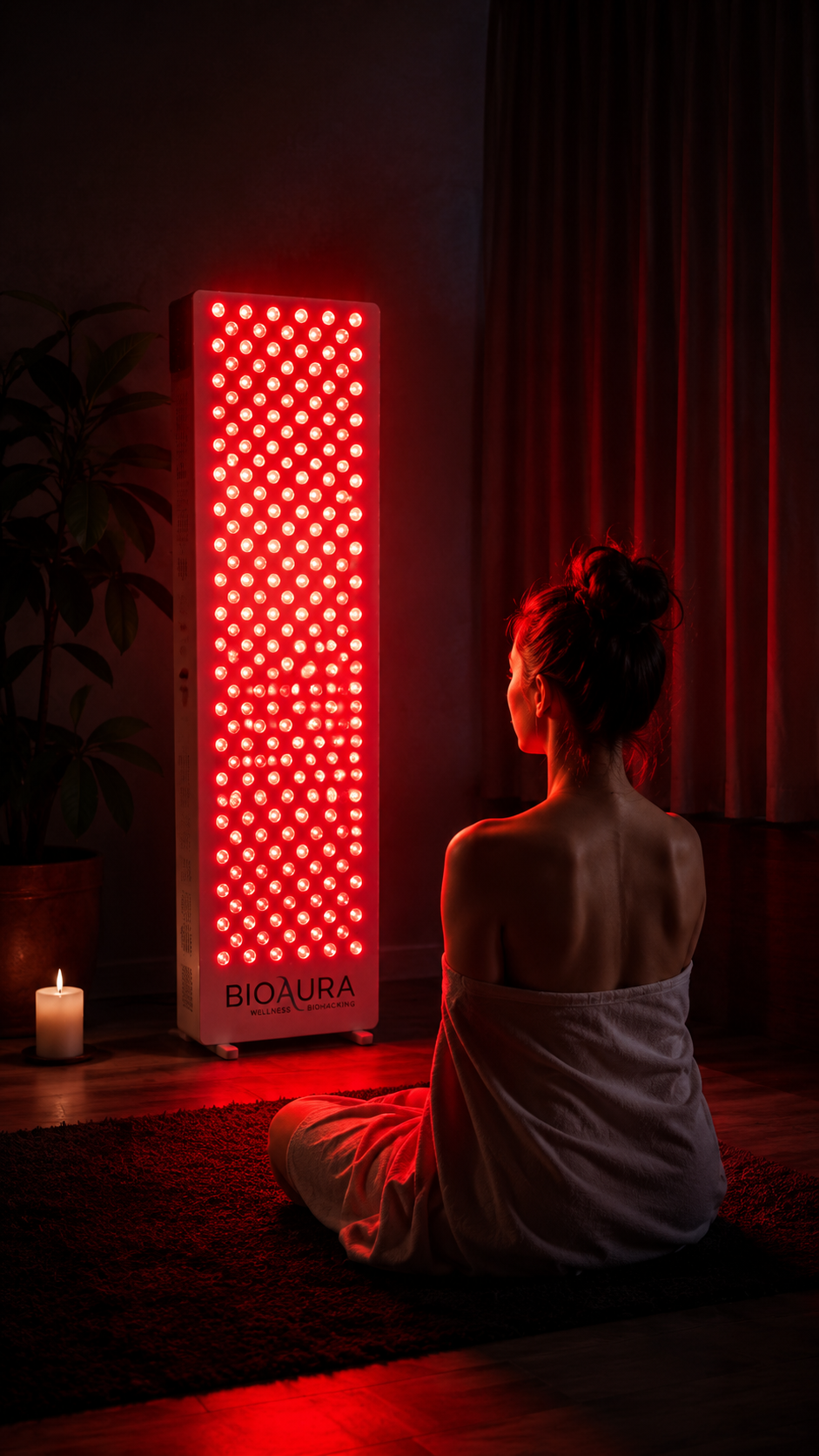 Mujer sentada frente a un panel de terapia de luz roja BioAura